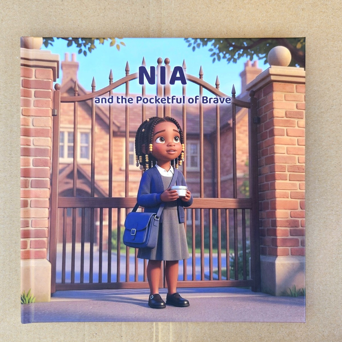 The printed hardcover — Nia at the school gate, painted from one photo