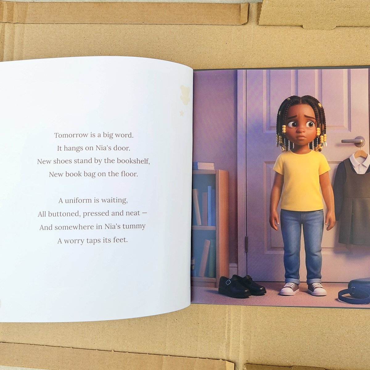 Inside the printed book — page one, the uniform waiting on the door